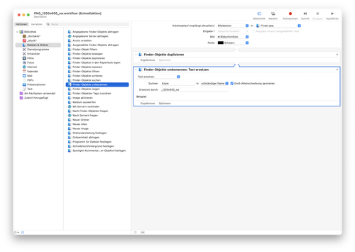 Action "Rename Finder objects: Replace text" action in the workflow. Screenshot