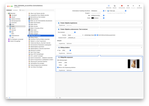 Action "Resize image" placed in workflow. Screenshot