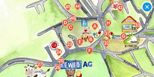 Drawn map with the stands marked as markers. Screenshot.