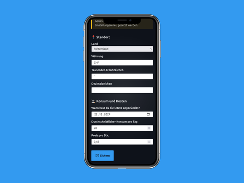 Persönliche Einstellungen für rauch-frei App. Handy Screenshot. 